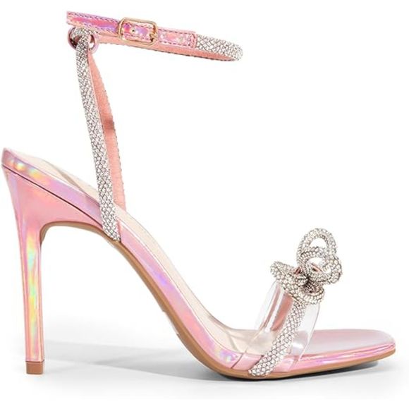 Women's Double Bowknots Crystal Sandals Clear Sling back Heels Square Toe Shoes - Picture 3 of 7